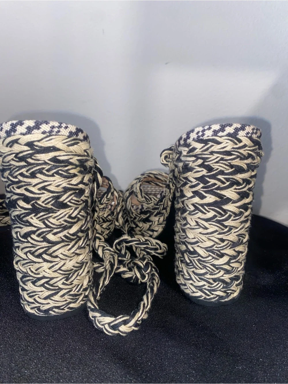 INC International Concepts Black & Cream Braided Platform Heels with Wrap Ties